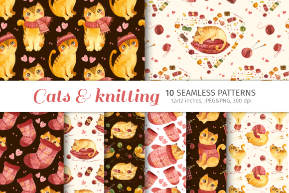 Cats Seamless Patterns, Digital Papers and Seamless Patterns with Adorable Cats and Crochet Accessories